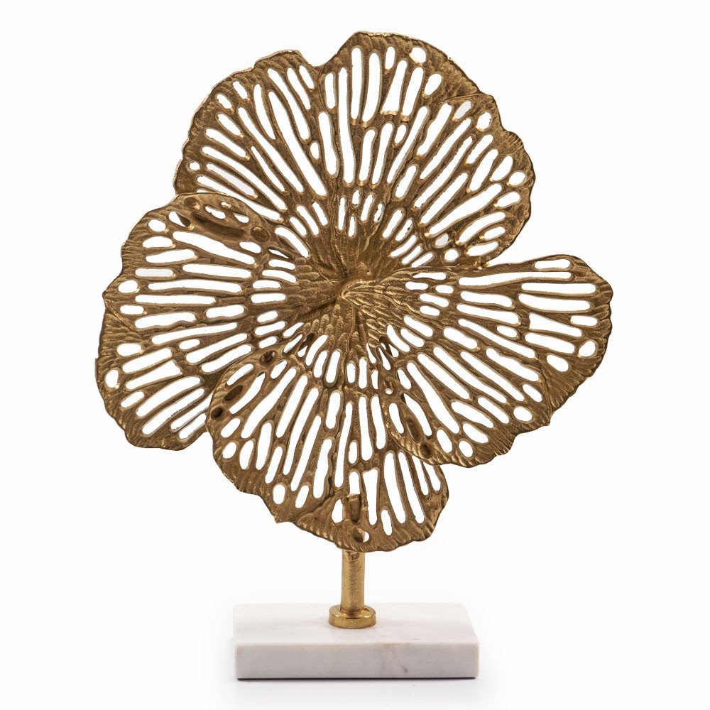 18" Antiqued Gold And White Aluminum And Marble Flowers Abstract Tabletop Sculpture HomeRoots