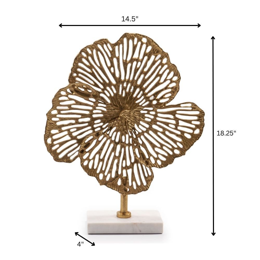 18" Antiqued Gold And White Aluminum And Marble Flowers Abstract Tabletop Sculpture HomeRoots