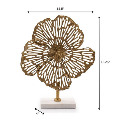 18" Antiqued Gold And White Aluminum And Marble Flowers Abstract Tabletop Sculpture HomeRoots