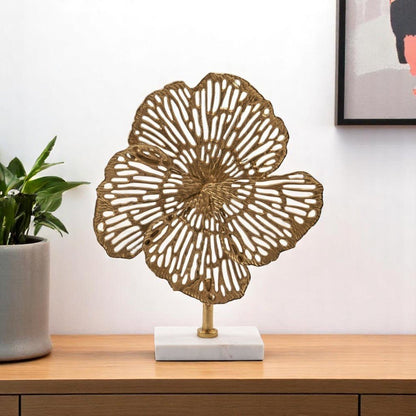 18" Antiqued Gold And White Aluminum And Marble Flowers Abstract Tabletop Sculpture HomeRoots