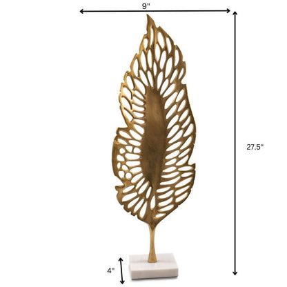 28" Gold And White Aluminum And Marble Leaf Tabletop Sculpture HomeRoots