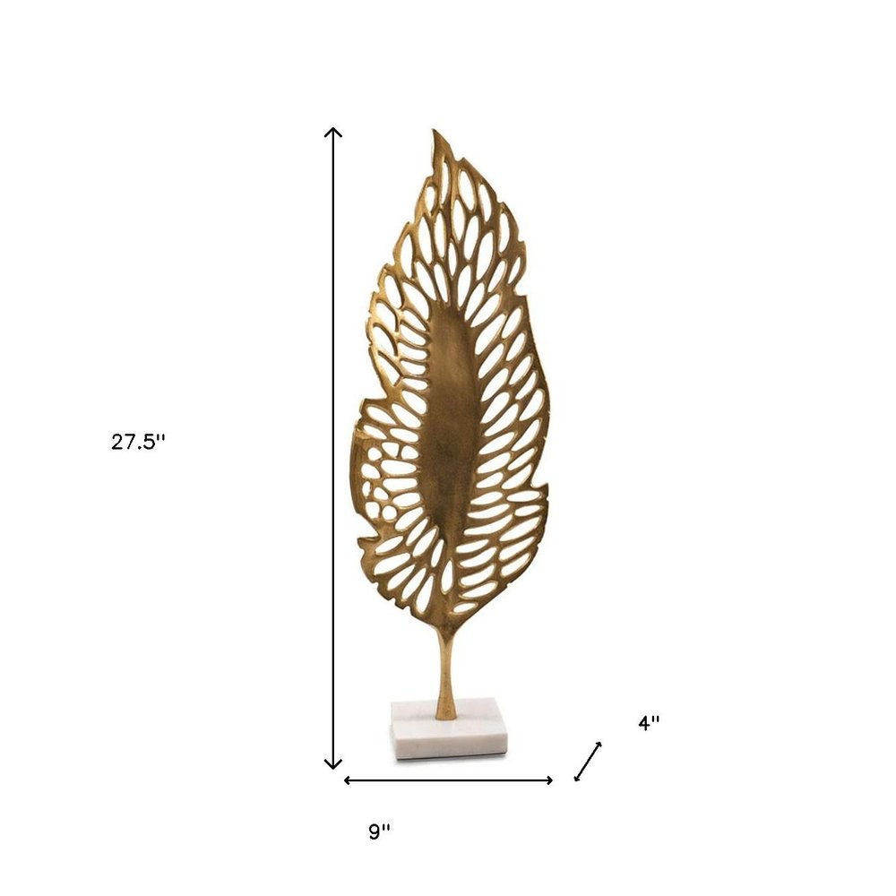 28" Gold And White Aluminum And Marble Leaf Tabletop Sculpture HomeRoots