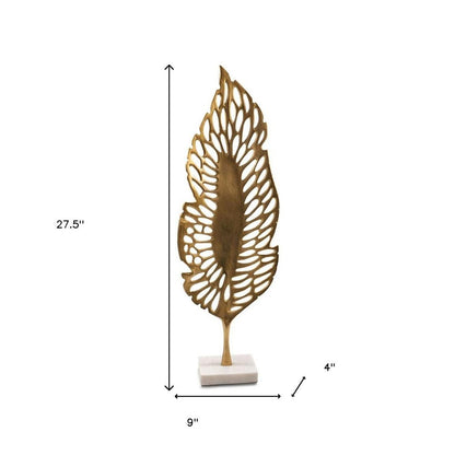 28" Gold And White Aluminum And Marble Leaf Tabletop Sculpture HomeRoots