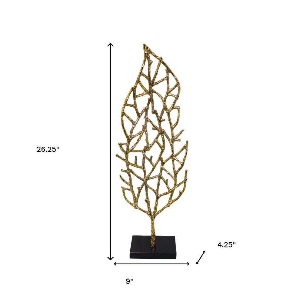 26" Gold And Black Aluminum And Marble Leaf Tabletop Sculpture HomeRoots