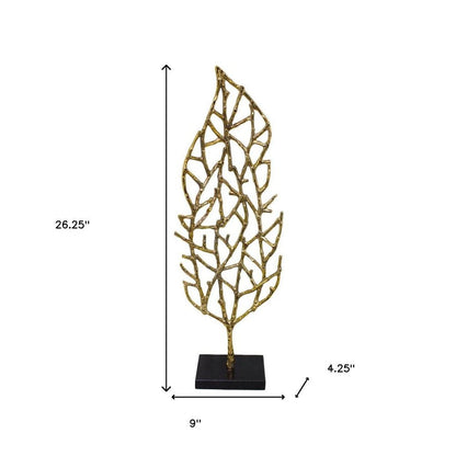 26" Gold And Black Aluminum And Marble Leaf Tabletop Sculpture HomeRoots