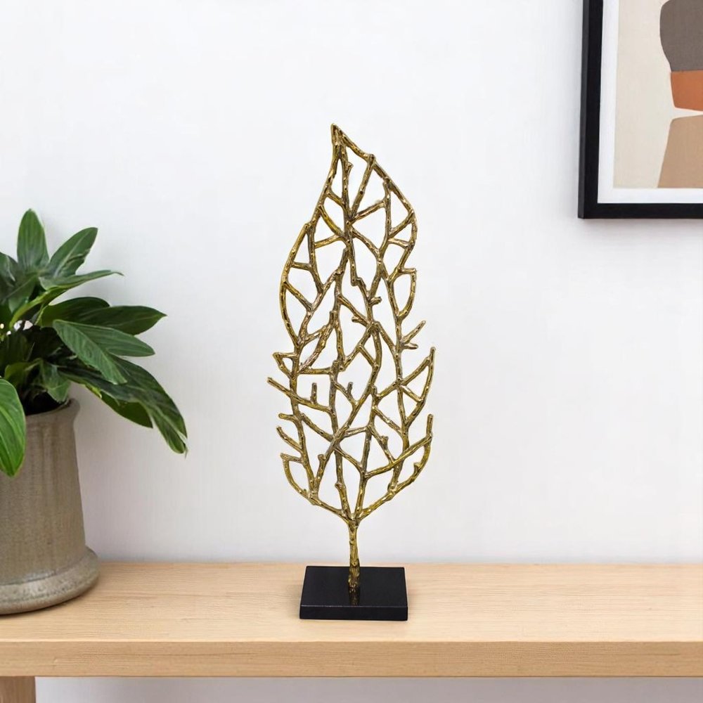 26" Gold And Black Aluminum And Marble Leaf Tabletop Sculpture HomeRoots