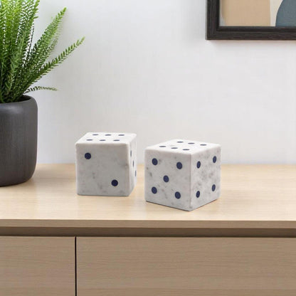 Set of Two White Marble Hand Painted Dice Tabletop Sculpture HomeRoots