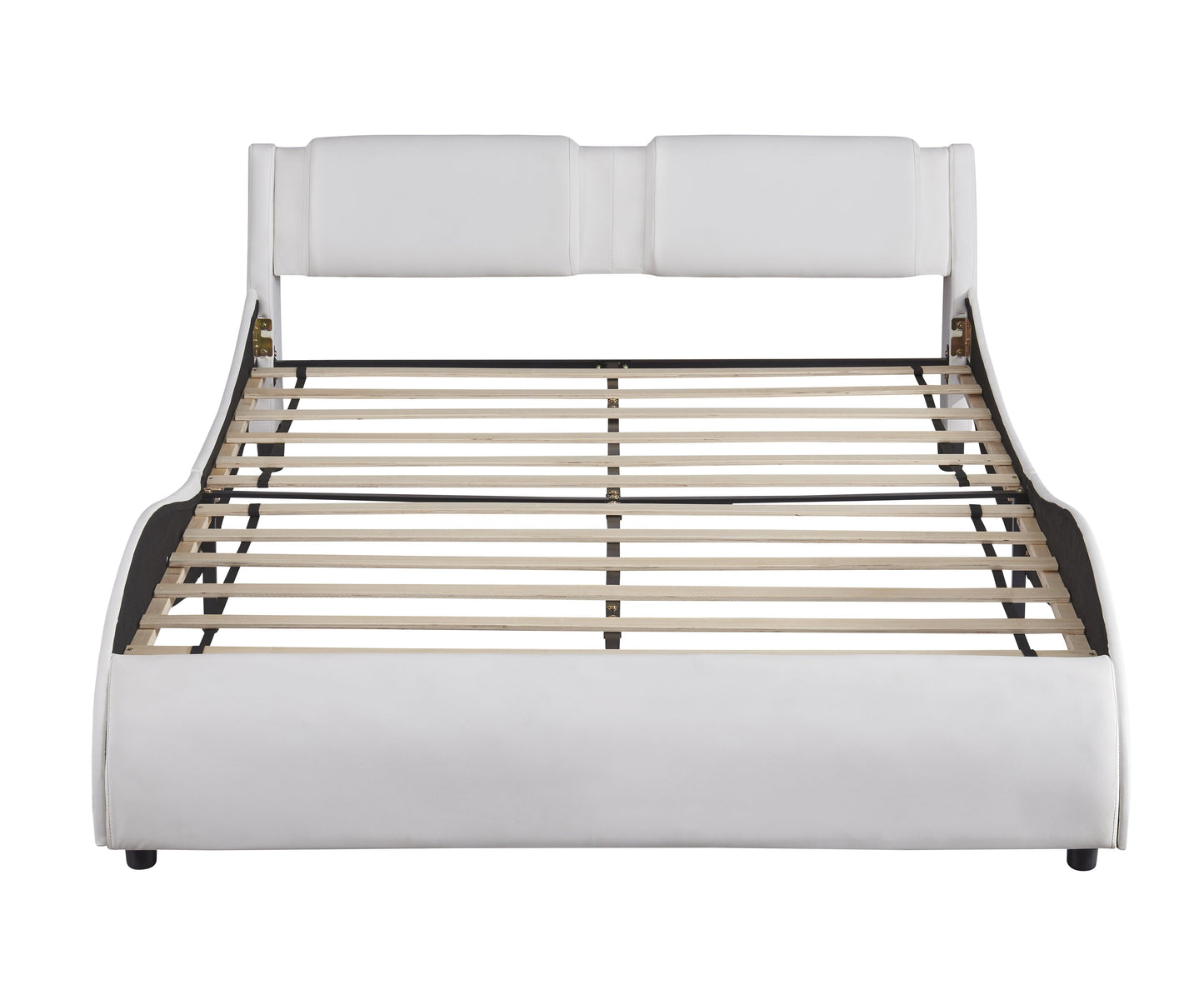 Queen Size Upholstered Faux Leather Platform Bed with LED Light Bed Frame with Slatted - White - FurniFindUSA