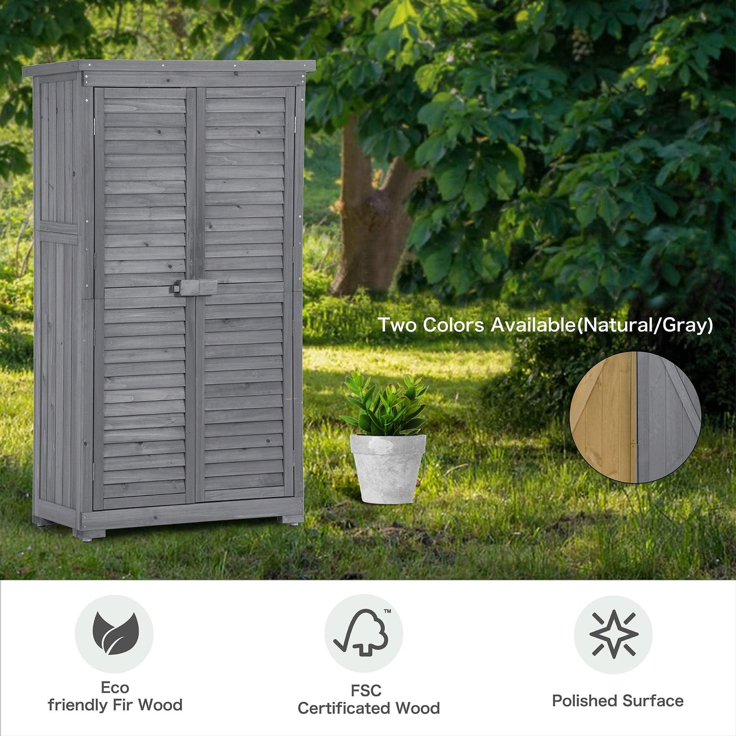 Wooden Garden Shed 3-tier Patio Storage Cabinet Outdoor Organizer Wooden Lockers with Fir Wood (Gray Wood Color -Shutter Design) - FurniFindUSA