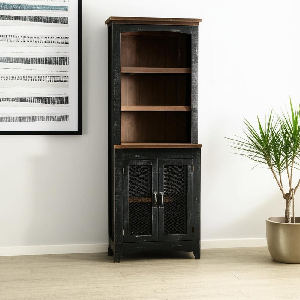 72" Brown and Black Distressed Wood Dining Hutch With Two Doors HomeRoots