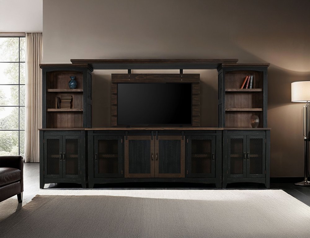 72" Brown and Black Distressed Wood Dining Hutch With Two Doors HomeRoots