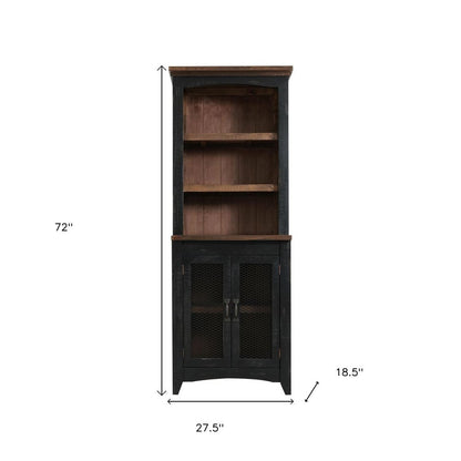 72" Brown and Black Distressed Wood Dining Hutch With Two Doors