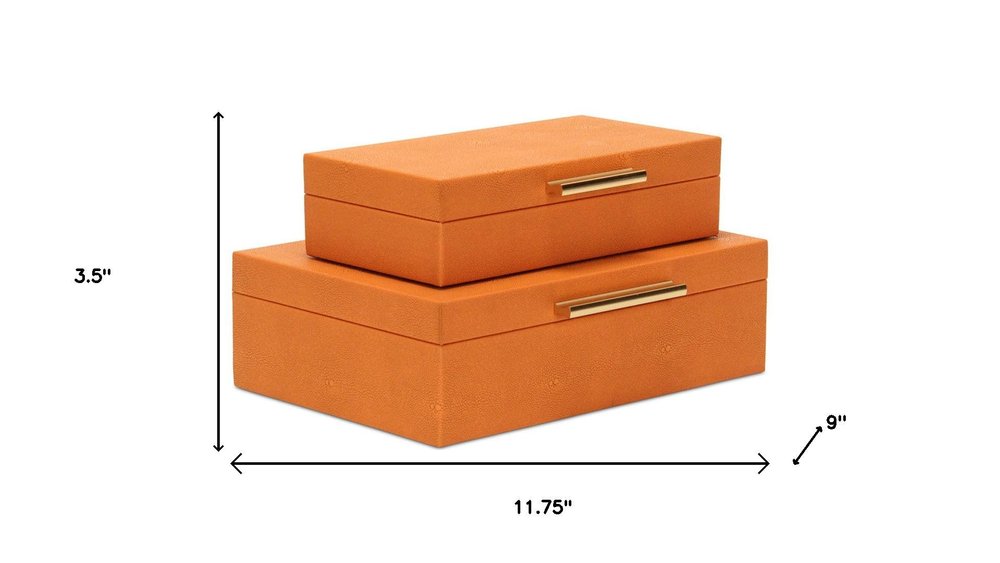 Set Of Two Orange Faux Shagreen Jewelry Boxes With Decorative Hardware HomeRoots