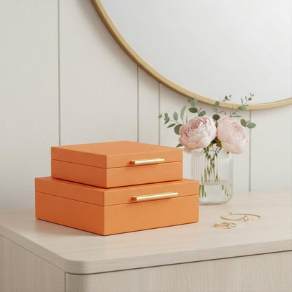 Set Of Two Orange Faux Shagreen Jewelry Boxes With Decorative Hardware HomeRoots