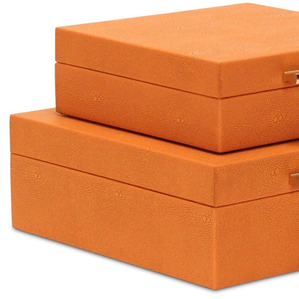 Set Of Two Orange Faux Shagreen Jewelry Boxes With Decorative Hardware HomeRoots