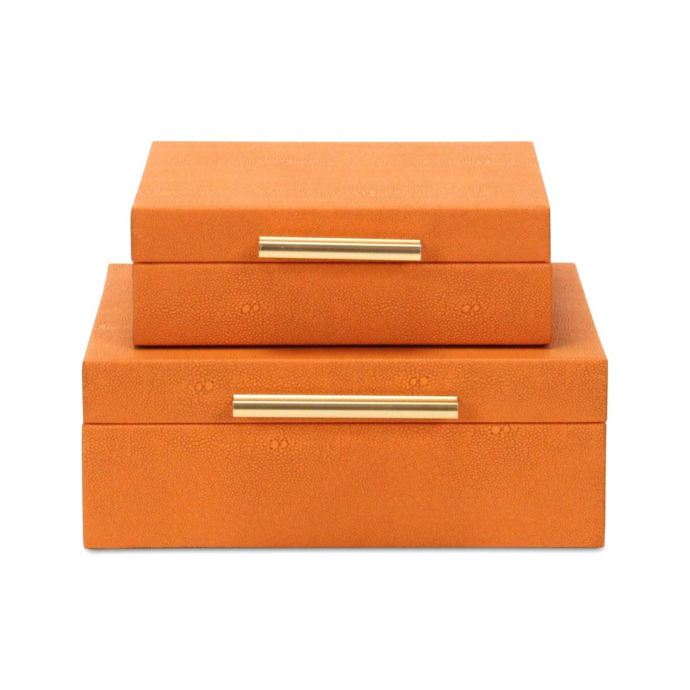 Set Of Two Orange Faux Shagreen Jewelry Boxes With Decorative Hardware HomeRoots