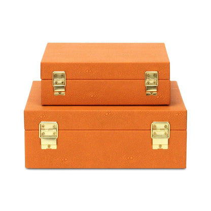 Set Of Two Orange Faux Shagreen Jewelry Boxes With Decorative Hardware HomeRoots