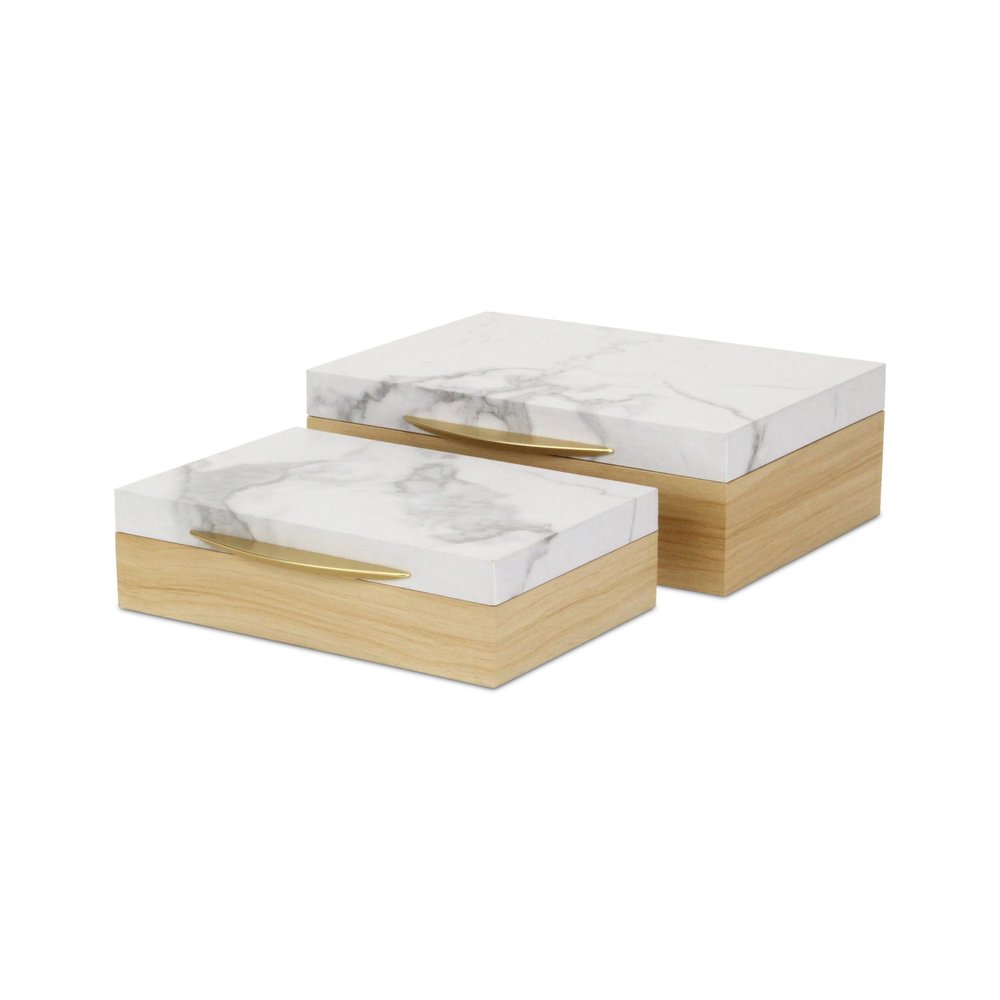 Set Of Two Natural And White Wood And Faux Marble Jewelry Boxes HomeRoots