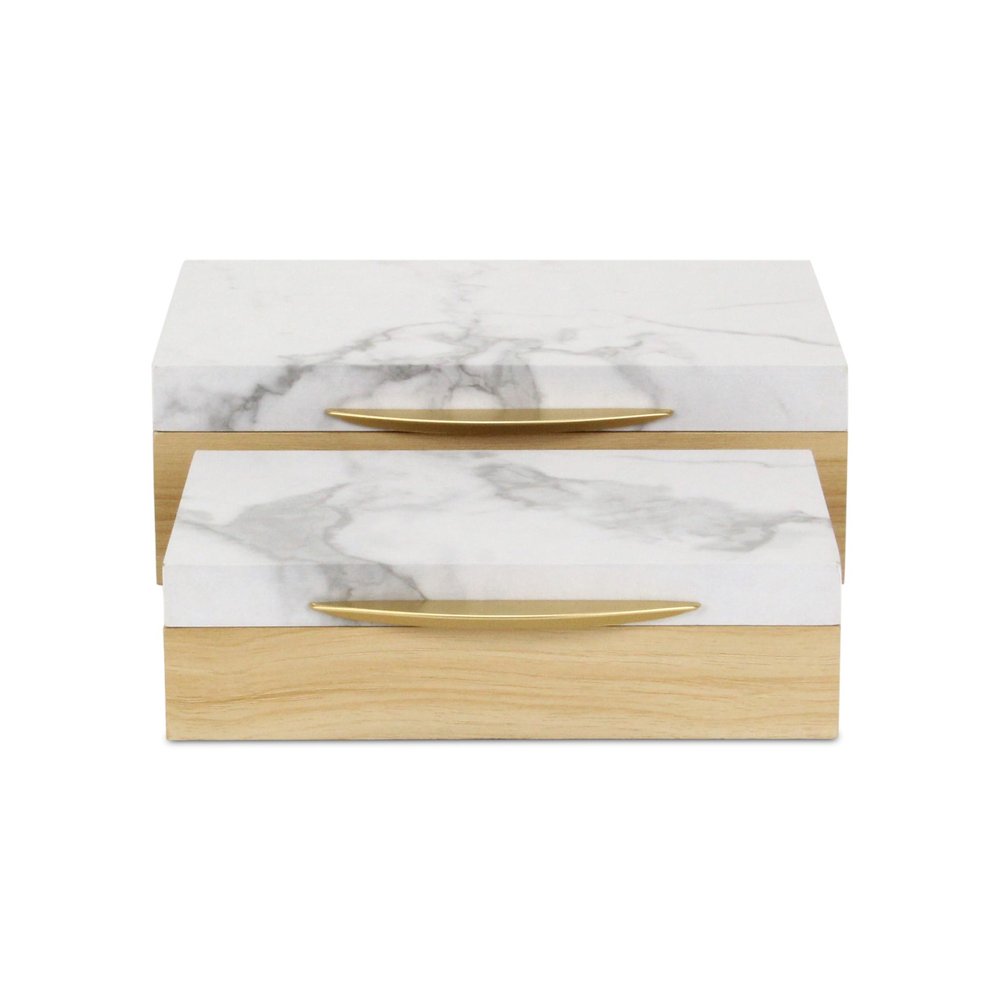 Set Of Two Natural And White Wood And Faux Marble Jewelry Boxes HomeRoots