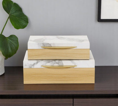 Set Of Two Natural And White Wood And Faux Marble Jewelry Boxes HomeRoots