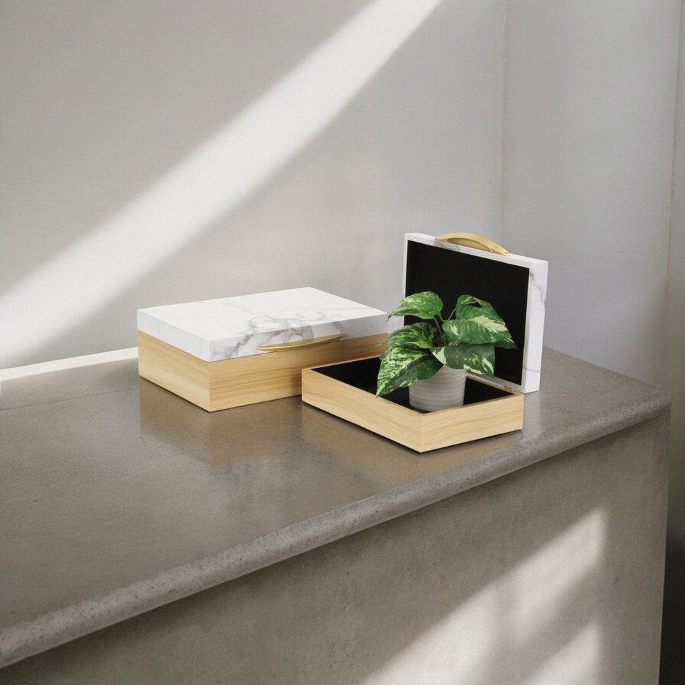 Set Of Two Natural And White Wood And Faux Marble Jewelry Boxes HomeRoots