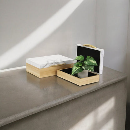 Set Of Two Natural And White Wood And Faux Marble Jewelry Boxes HomeRoots