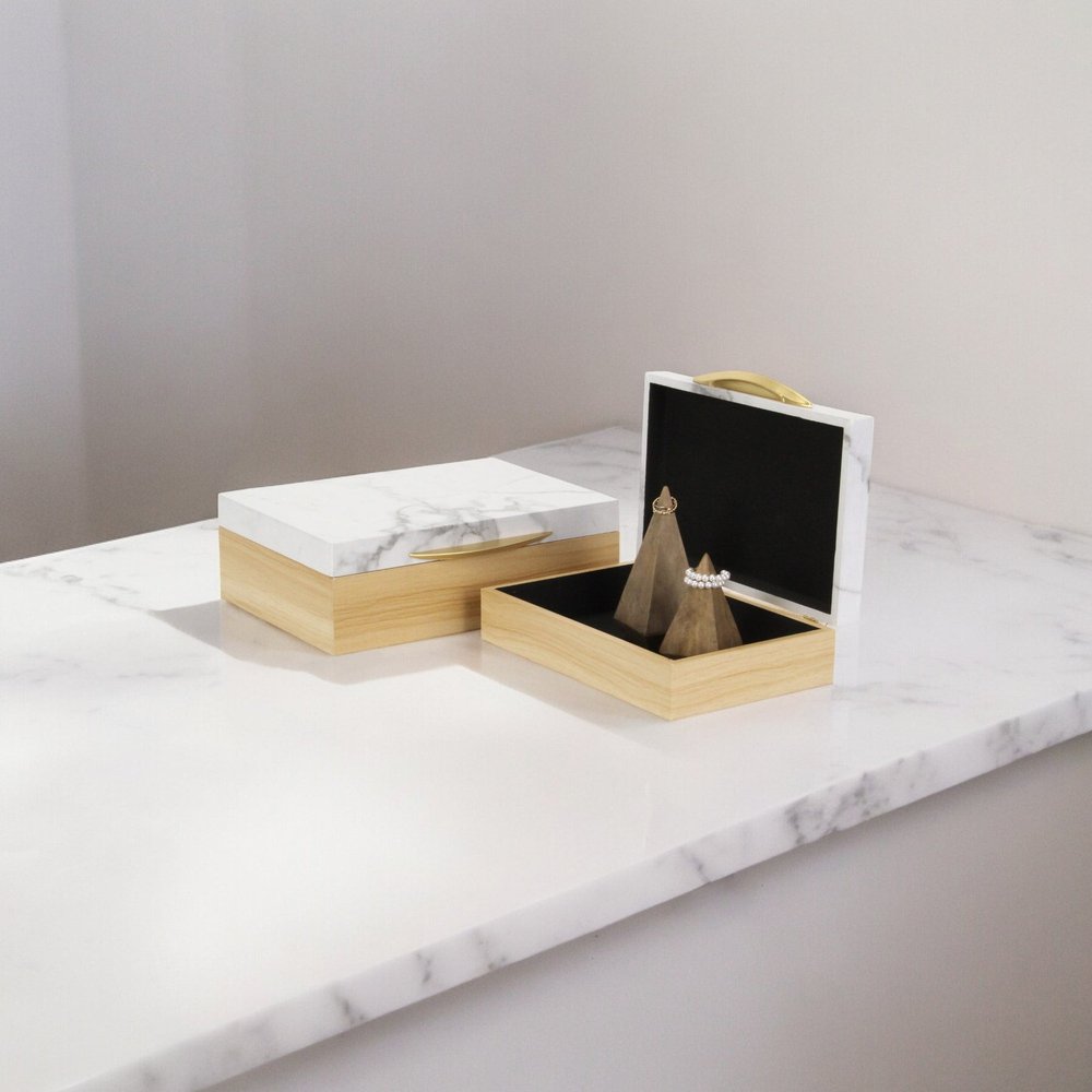 Set Of Two Natural And White Wood And Faux Marble Jewelry Boxes HomeRoots