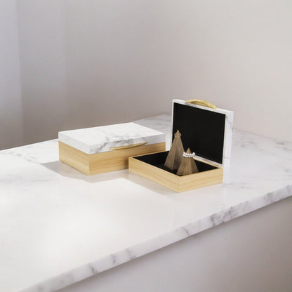 Set Of Two Natural And White Wood And Faux Marble Jewelry Boxes HomeRoots