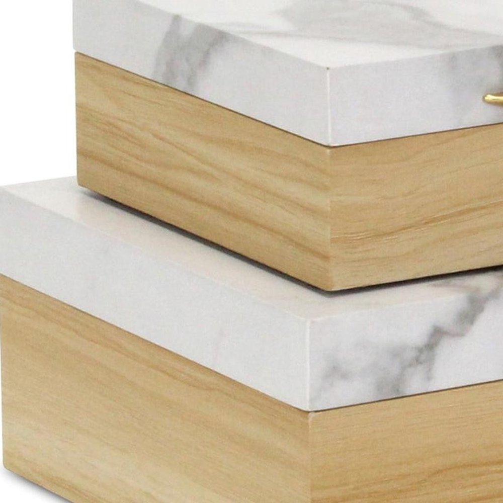 Set Of Two Natural And White Wood And Faux Marble Jewelry Boxes HomeRoots