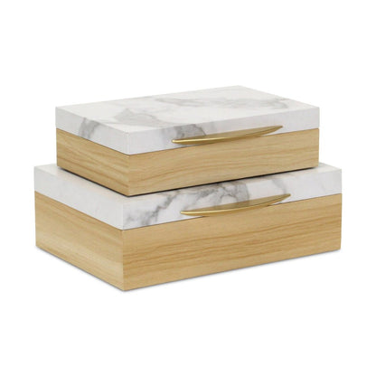 Set Of Two Natural And White Wood And Faux Marble Jewelry Boxes HomeRoots