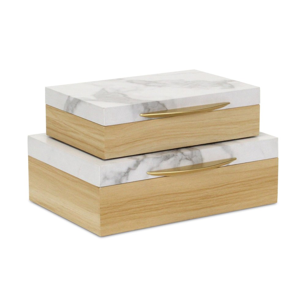 Set Of Two Natural And White Wood And Faux Marble Jewelry Boxes HomeRoots