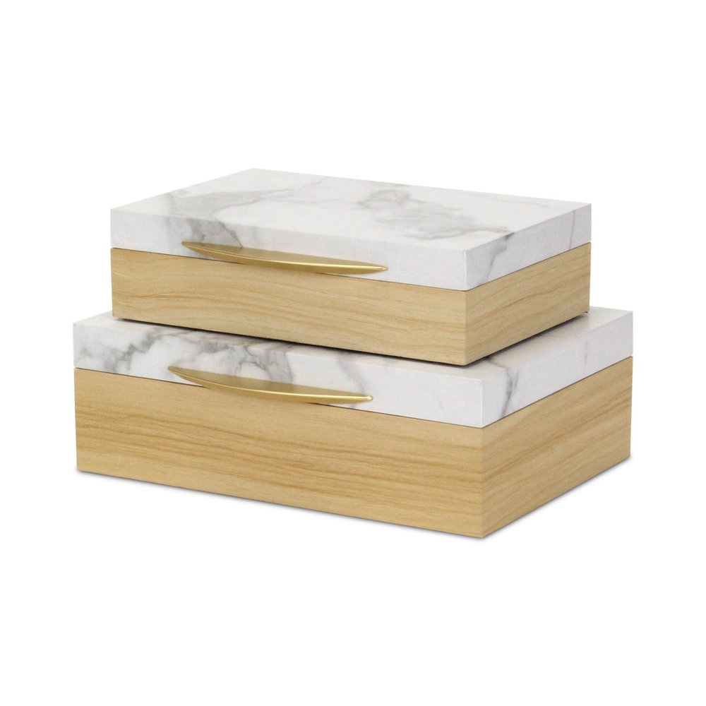 Set Of Two Natural And White Wood And Faux Marble Jewelry Boxes HomeRoots