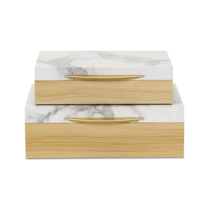 Set Of Two Natural And White Wood And Faux Marble Jewelry Boxes HomeRoots