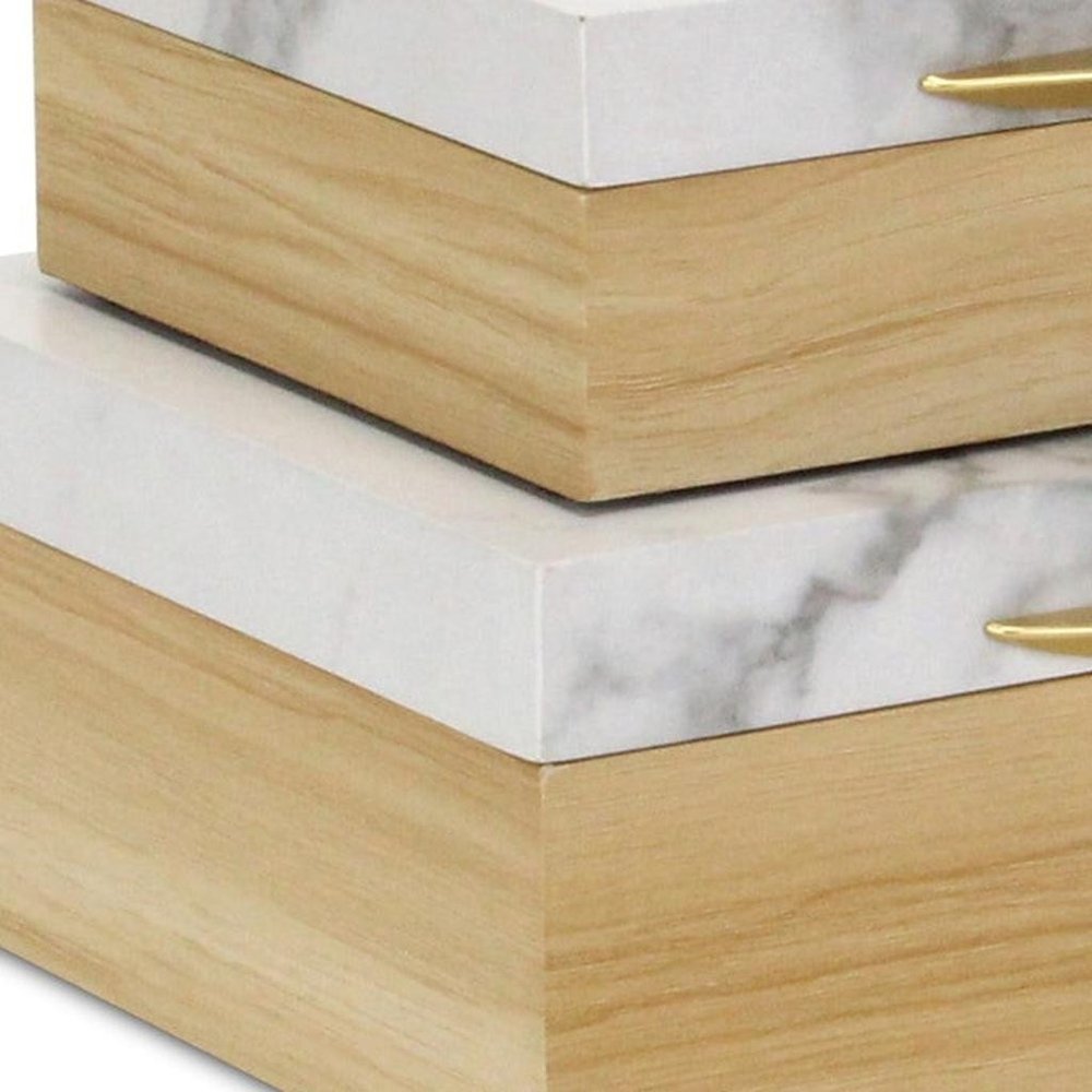 Set Of Two Natural And White Wood And Faux Marble Jewelry Boxes HomeRoots