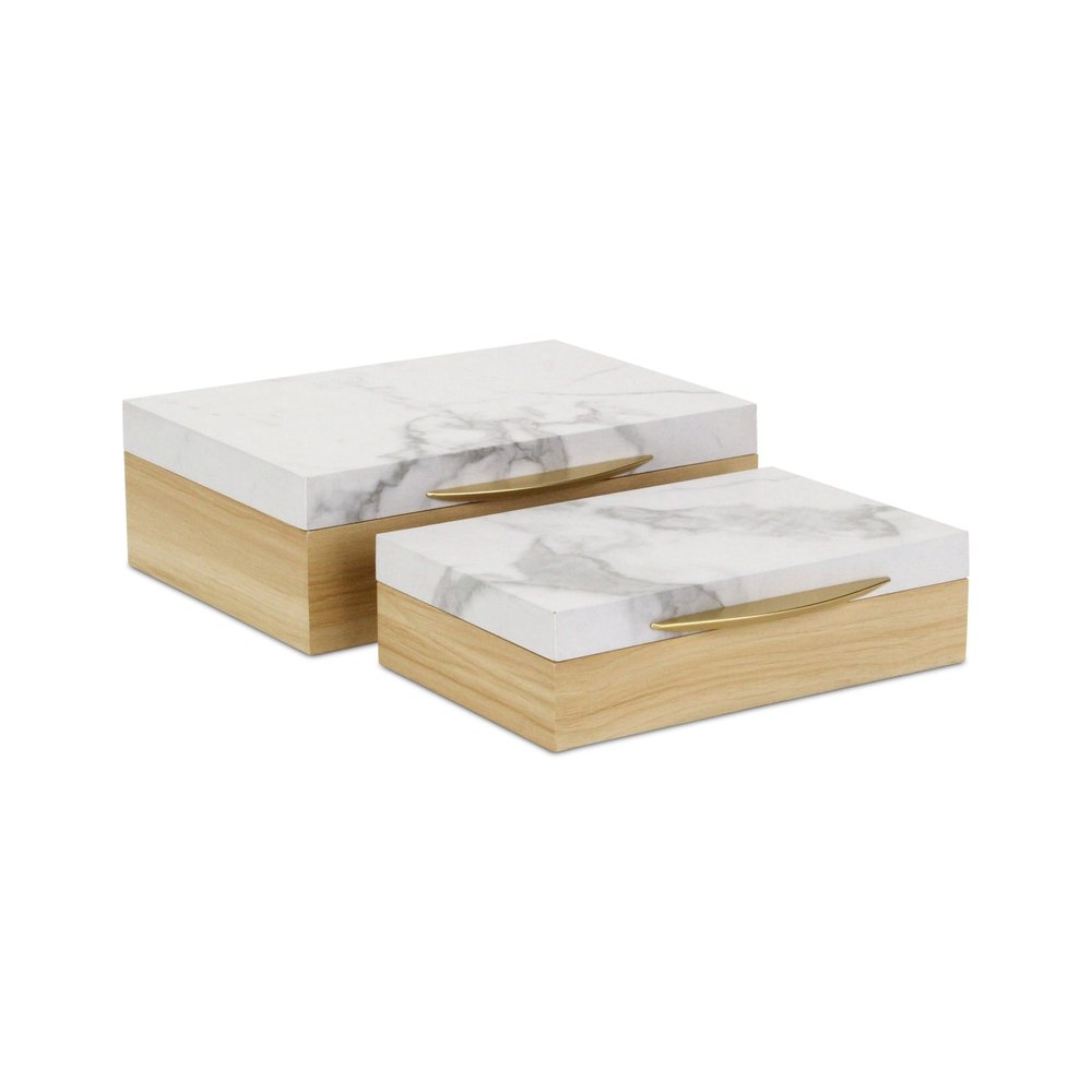 Set Of Two Natural And White Wood And Faux Marble Jewelry Boxes HomeRoots