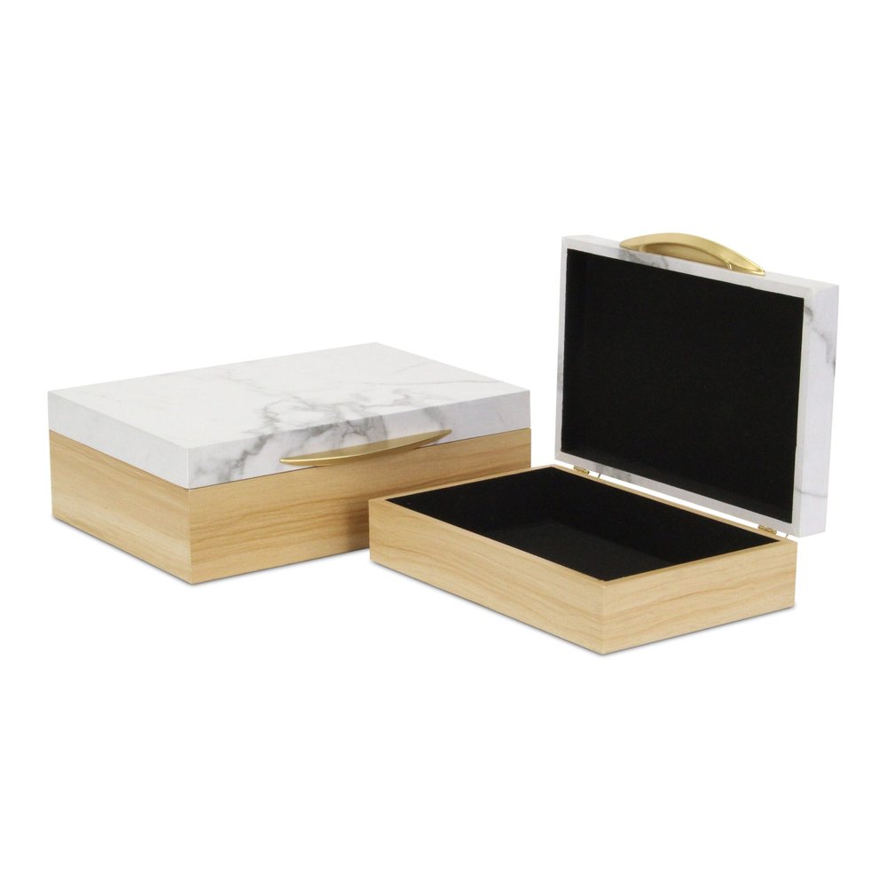 Set Of Two Natural And White Wood And Faux Marble Jewelry Boxes — view 7