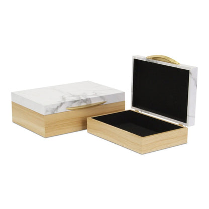 Set Of Two Natural And White Wood And Faux Marble Jewelry Boxes HomeRoots