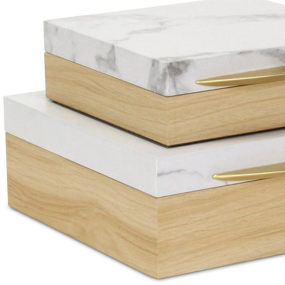 Set Of Two Natural And White Faux Marble And Wood Jewelry Box HomeRoots