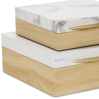 Set Of Two Natural And White Faux Marble And Wood Jewelry Box HomeRoots