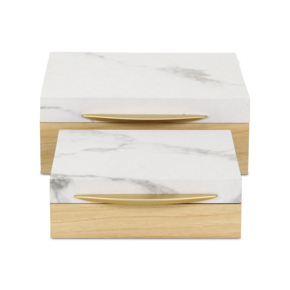 Set Of Two Natural And White Faux Marble And Wood Jewelry Box HomeRoots