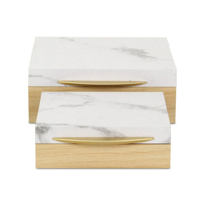 Set Of Two Natural And White Faux Marble And Wood Jewelry Box HomeRoots