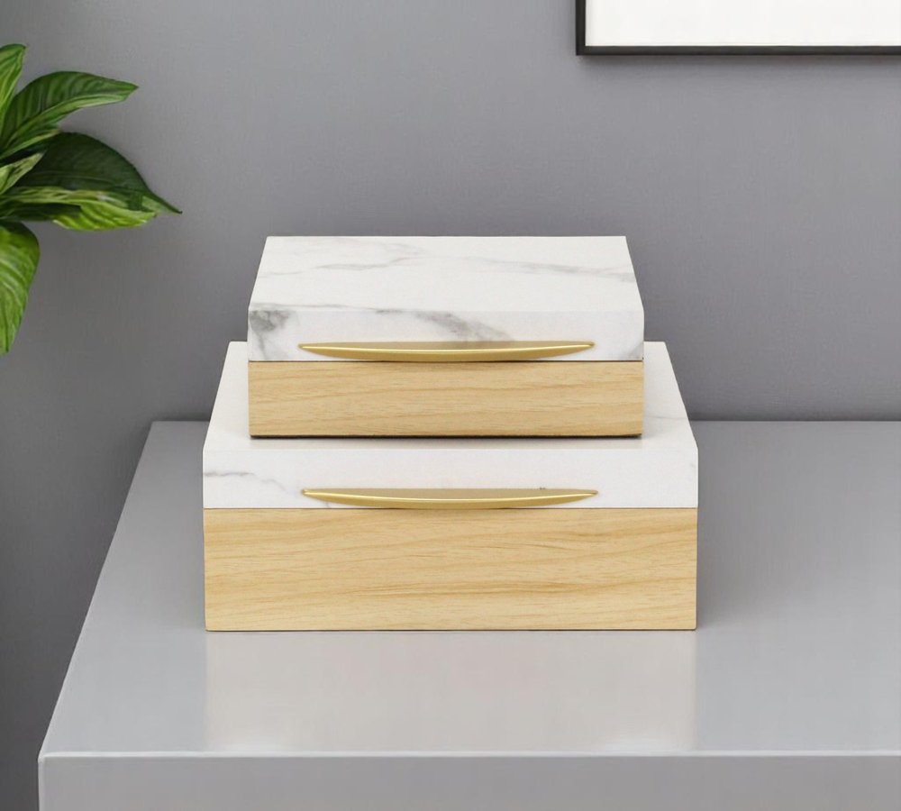 Set Of Two Natural And White Faux Marble And Wood Jewelry Box HomeRoots
