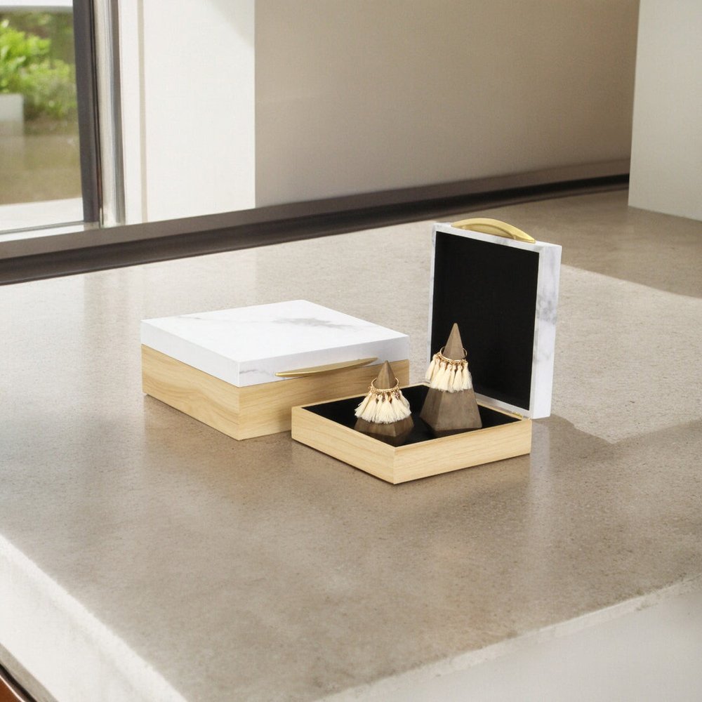 Set Of Two Natural And White Faux Marble And Wood Jewelry Box HomeRoots