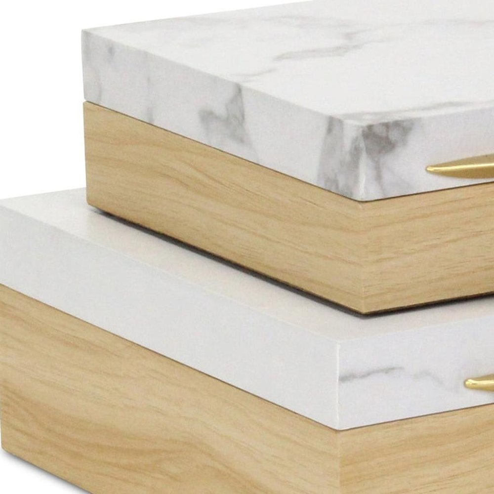 Set Of Two Natural And White Faux Marble And Wood Jewelry Box HomeRoots
