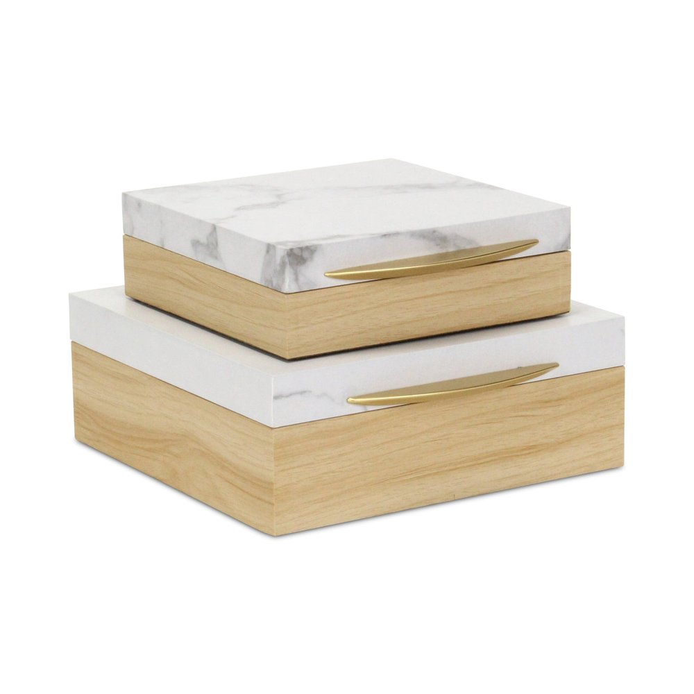 Set Of Two Natural And White Faux Marble And Wood Jewelry Box HomeRoots