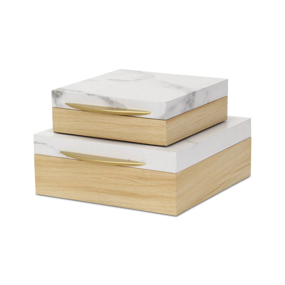 Set Of Two Natural And White Faux Marble And Wood Jewelry Box HomeRoots