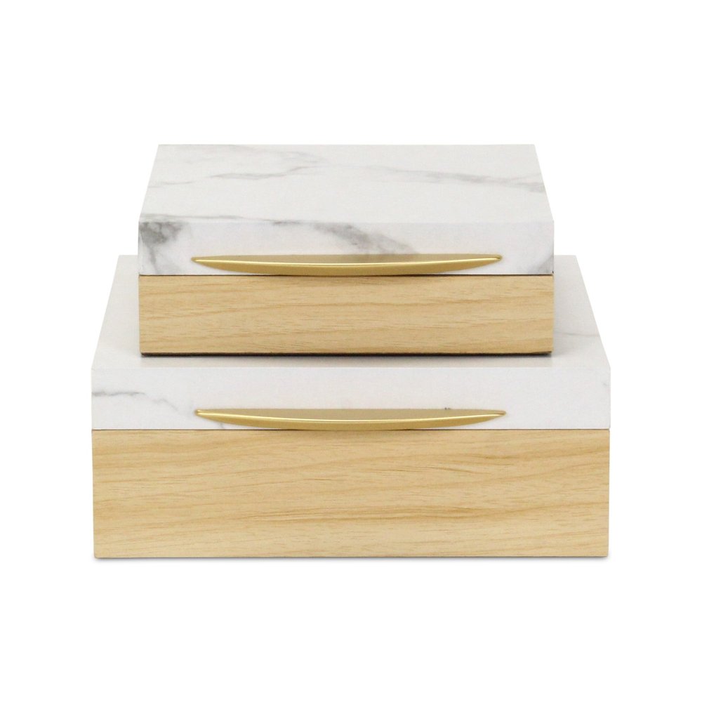 Set Of Two Natural And White Faux Marble And Wood Jewelry Box HomeRoots