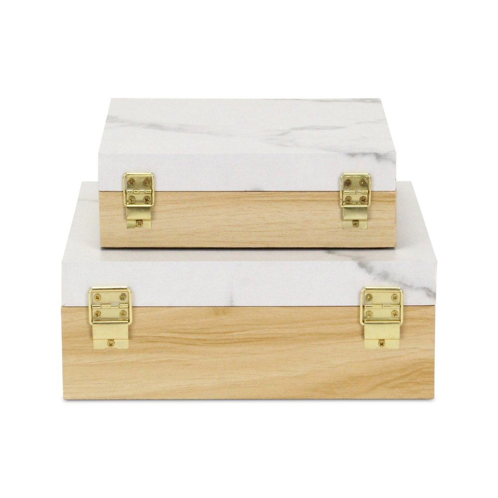 Set Of Two Natural And White Faux Marble And Wood Jewelry Box HomeRoots