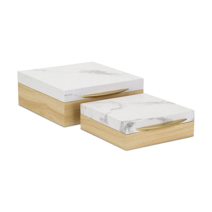 Set Of Two Natural And White Faux Marble And Wood Jewelry Box HomeRoots