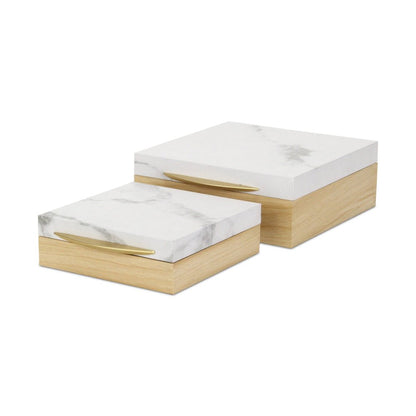 Set Of Two Natural And White Faux Marble And Wood Jewelry Box HomeRoots